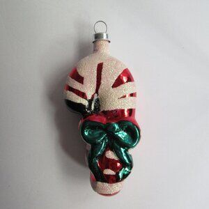 Striped Candy Cane with Gren Bow Glass Christmas Ornament Vintage  4"